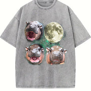 Three Moo Deng 90s Moon Vintage Washed T-Shirt in Gray