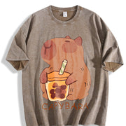 Cute Capybara & Capybara Tea Vintage Washed T-Shirt in Brown