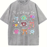 It's Okay to Boho Floral Vintage Washed T-Shirt in Gray