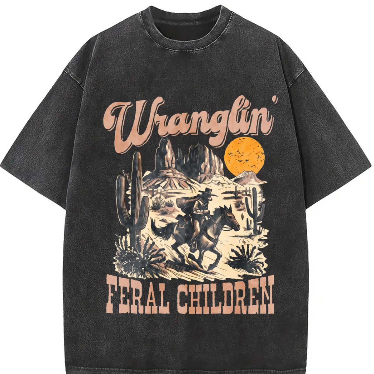 Retro Wranglin' Feral Children Raccoon 90s Western vintage washed oversized T-shirt in Black