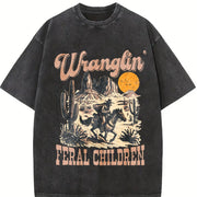 Retro Wranglin' Feral Children Raccoon 90s Western vintage washed oversized T-shirt in Black