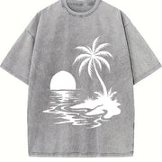 Tropical Palm Sunset Vintage Washed T-Shirt in Gray
