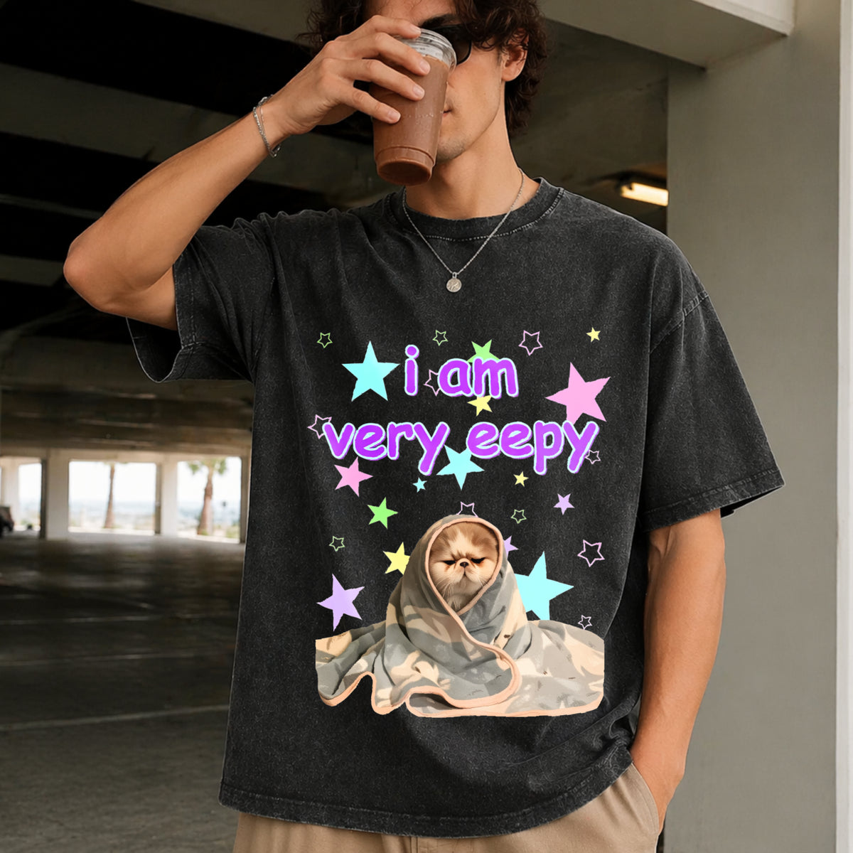 Eepy Cat Meme Vintage Washed T-Shirt in Black