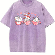 Cat Love True Love Vintage Washed T-Shirt in Purple