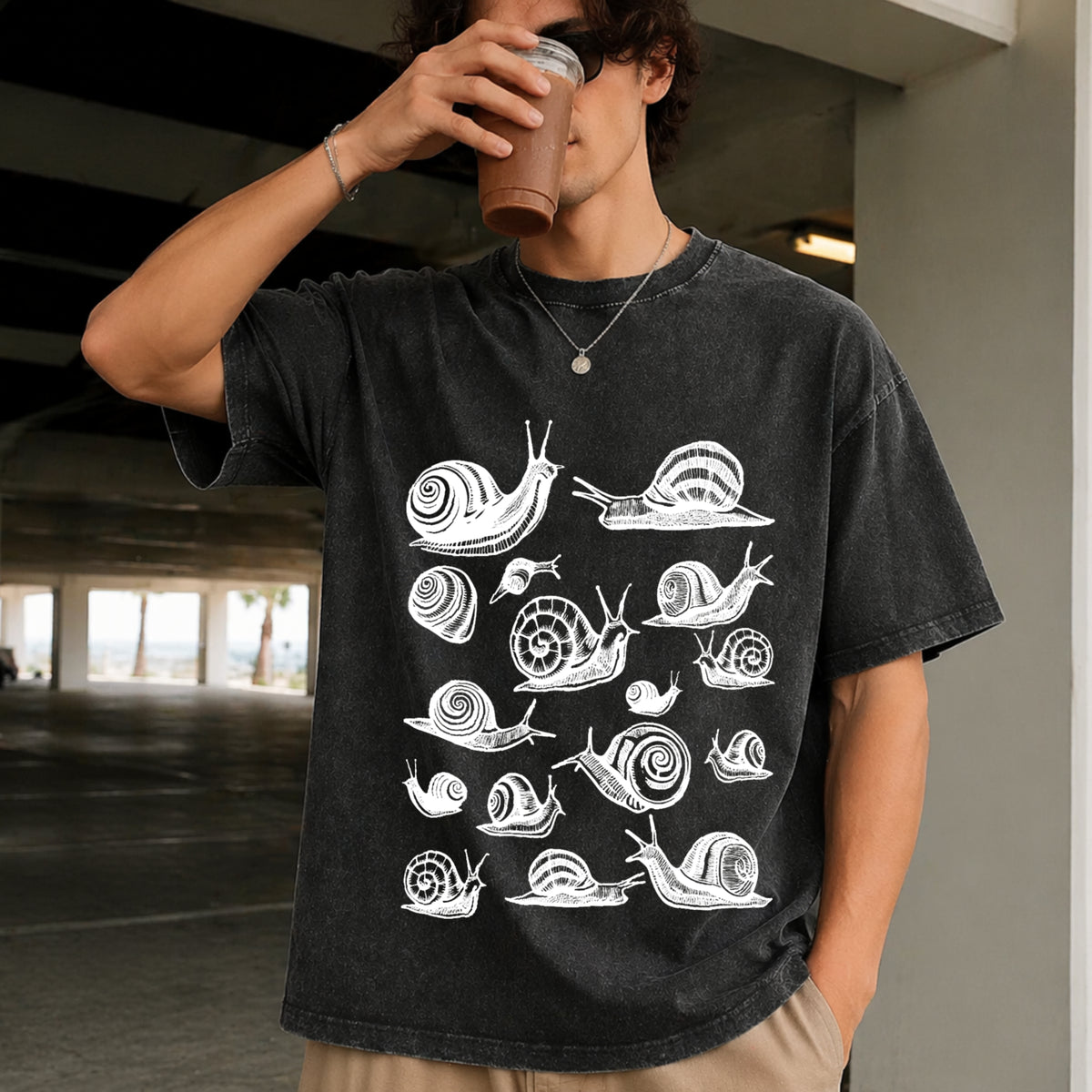 Snails Snail Lover Vintage Washed T-Shirt in Black