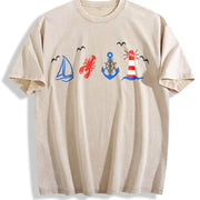 Coastal Nautical Embroidered Vintage Washed T-Shirt in Beige