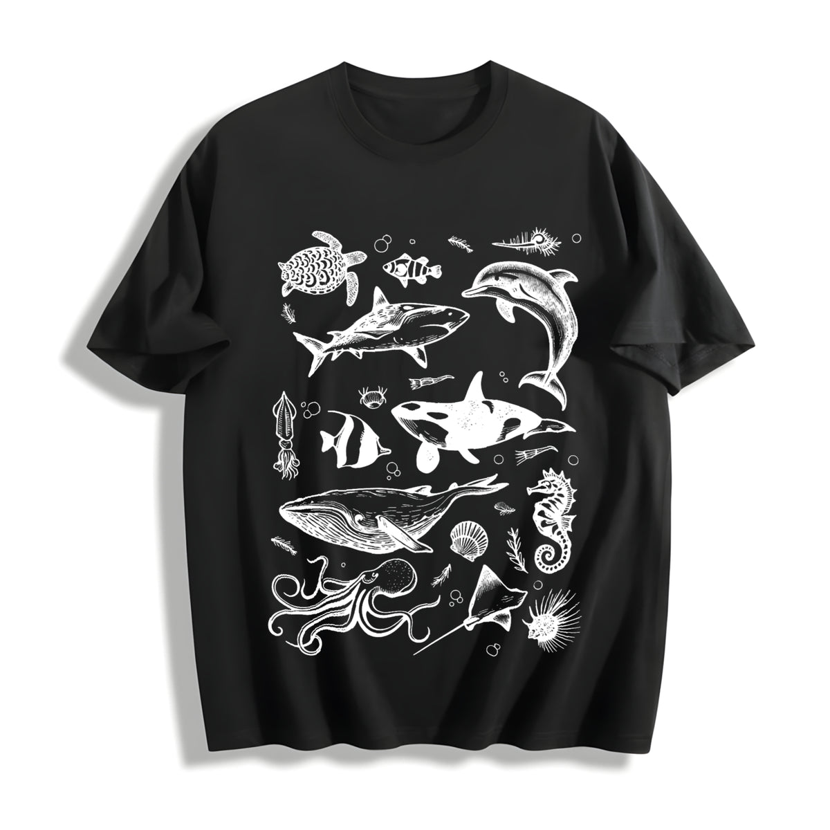 Sea Animal Tattoo Cotton T-Shirt in Black