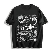 Sea Animal Tattoo Cotton T-Shirt in Black
