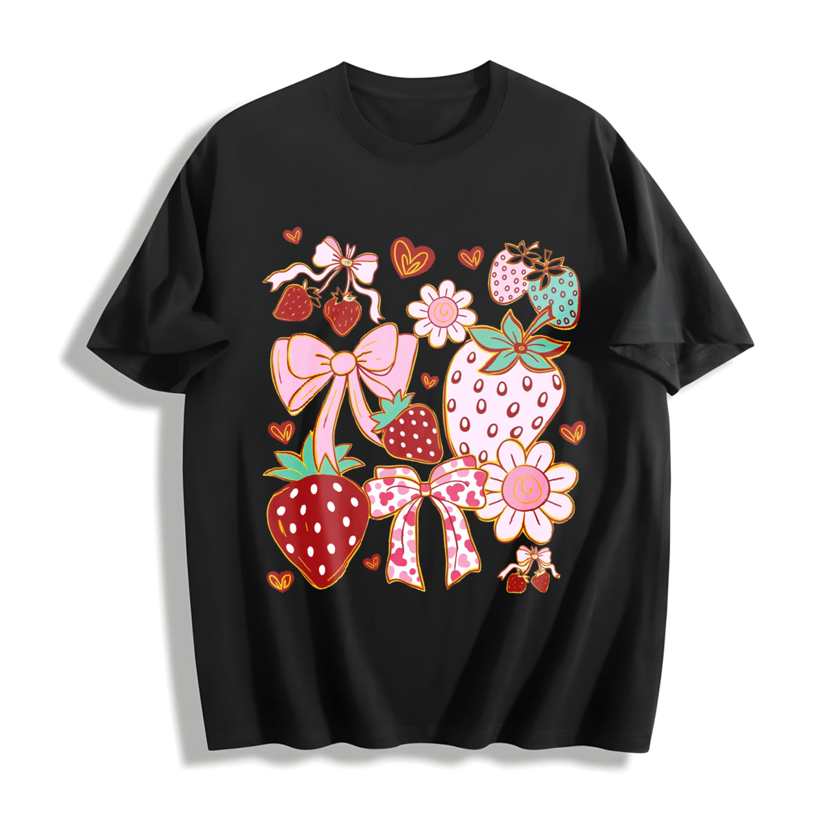 Boho Strawberry Coquette Cotton T-Shirt in Black