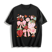 Boho Strawberry Coquette Cotton T-Shirt in Black