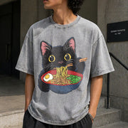 Cat Ramen Cute Vintage Washed T-Shirt in Gray
