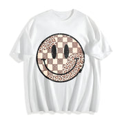 Retro Smiley Face Leopard Cotton T-Shirt in White