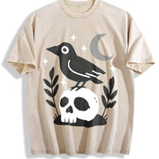Witchy Crow Skull Moon and Stars Gothic Raven vintage washed oversized T-shirt in Beige