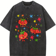 Cute Tomato Party Batik Brand Vintage Washed T-Shirt in Black