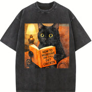 Cat Reading Book Vintage Washed T-Shirt in Black