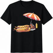 Dachshund Hotdog Wiener Dog Cute Beach Wienerdog Mustard Cotton T-Shirt in Black
