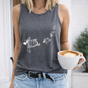 Sea Turtle Family Women's Color Cotton Tank Top in Gray