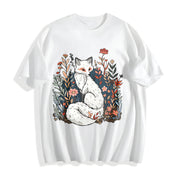 Luokeren Retro Floral Fox Cotton T-Shirt in White