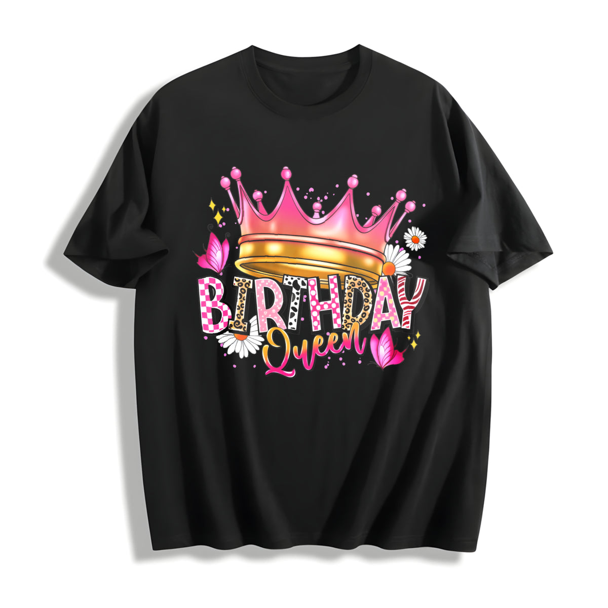 Birthday Queen Cartoon Cotton T-Shirt in Black