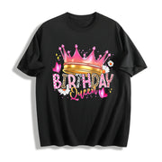 Birthday Queen Cartoon Cotton T-Shirt in Black