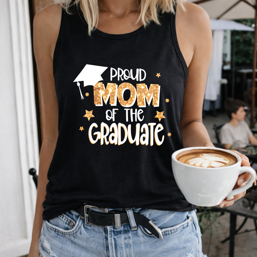 Proud Mom of the Graduate Crew-neck Sleeveless Vest Women's Color Cotton Tank Top in Black