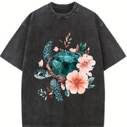 Floral Turtle & Peach Blossom Vintage Washed T-Shirt in Black