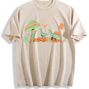 Retro UFO Alien Abduction Dinosaur Vintage Washed T-Shirt in Beige