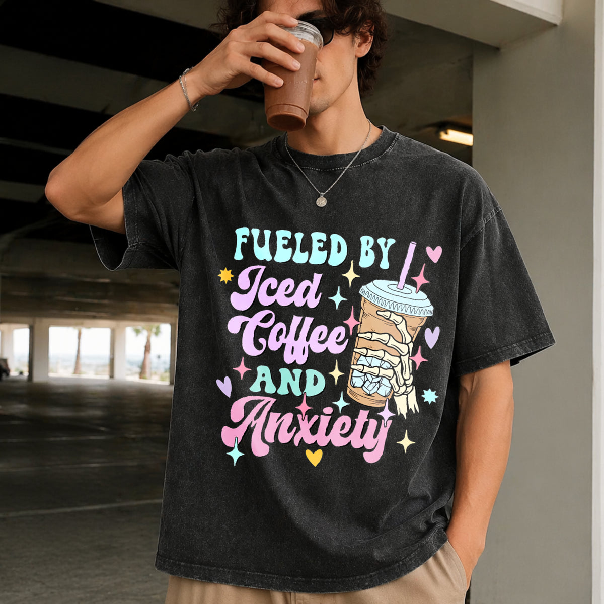 Fueled by Iced Coffee and Anxiety Coffee Lover Vintage Washed T-Shirt in Black