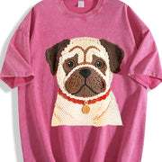 Winter a Pug Round-neck Long-sleeve Vintage Washed T-Shirt in Red