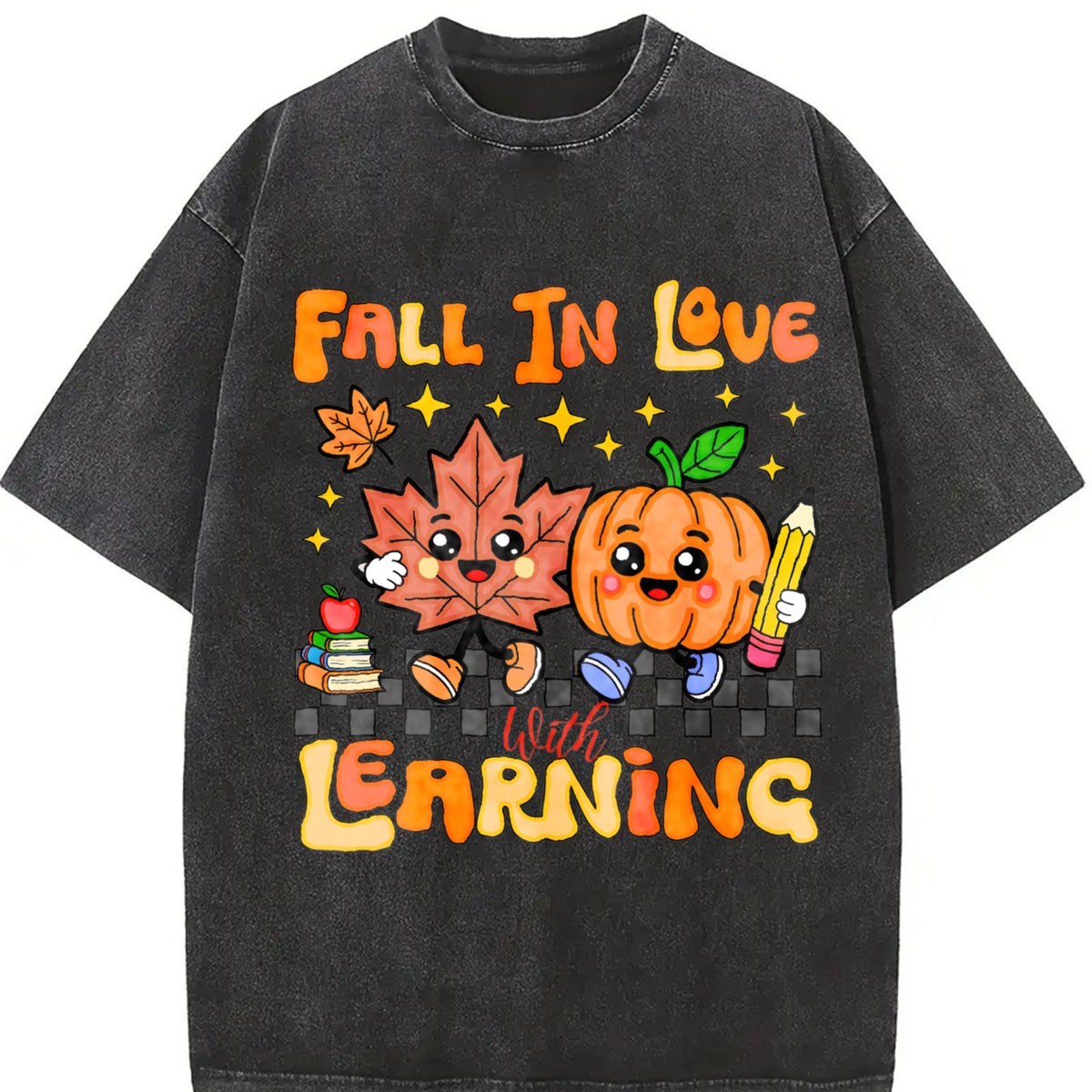 Retro Teacher Fall Vintage Washed T-Shirt in Black