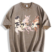Rock Band Cats Retro Guitar Cat Vintage Washed T-Shirt in Brown