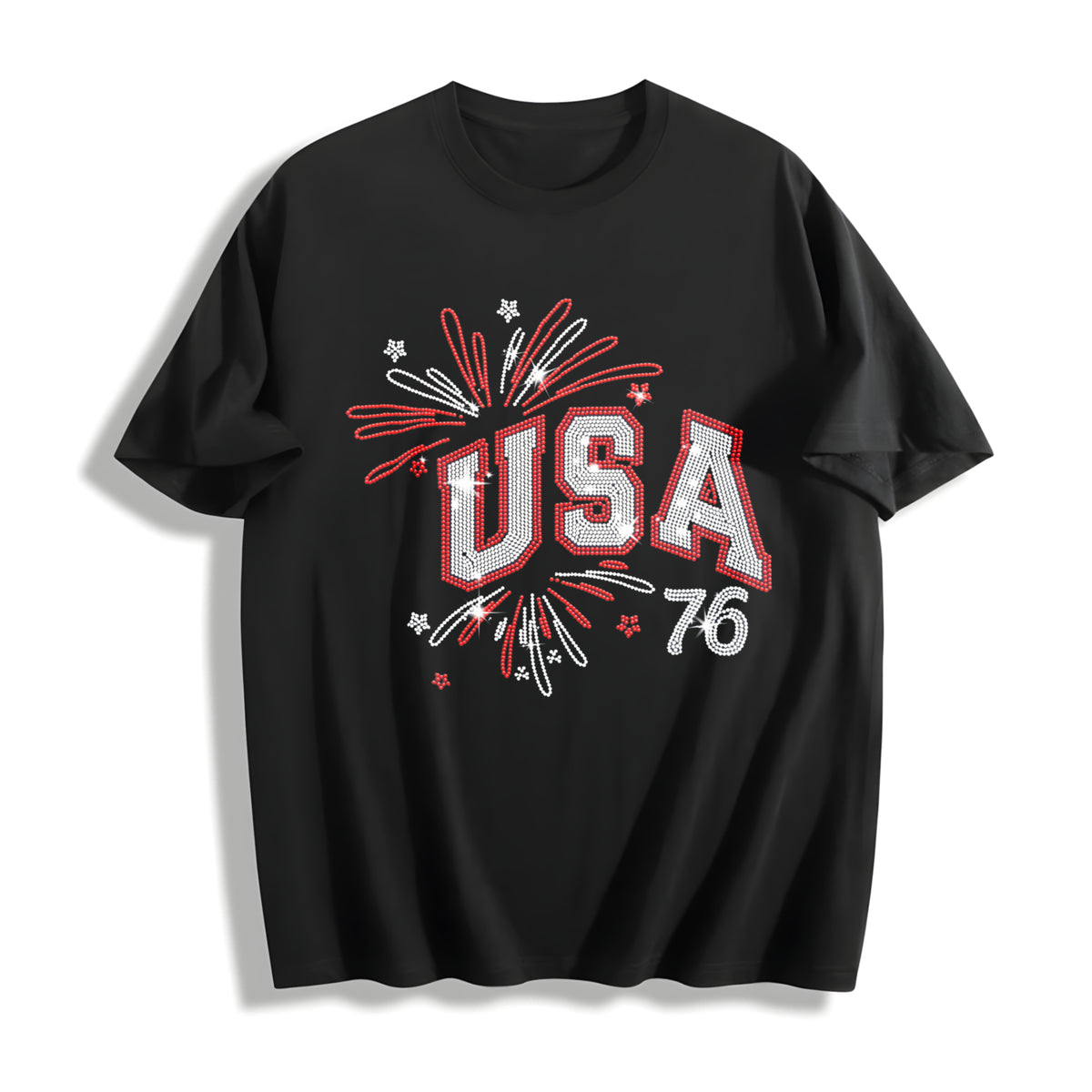 USA Rhinestone: Patriotic Bling Cotton T-Shirt in Black