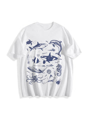 Sea Creatures 90s Tattoo Sea Animal Cotton T-Shirt in White