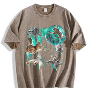 Cats Flying in Galaxy 90s Vintage Washed T-Shirt in Brown