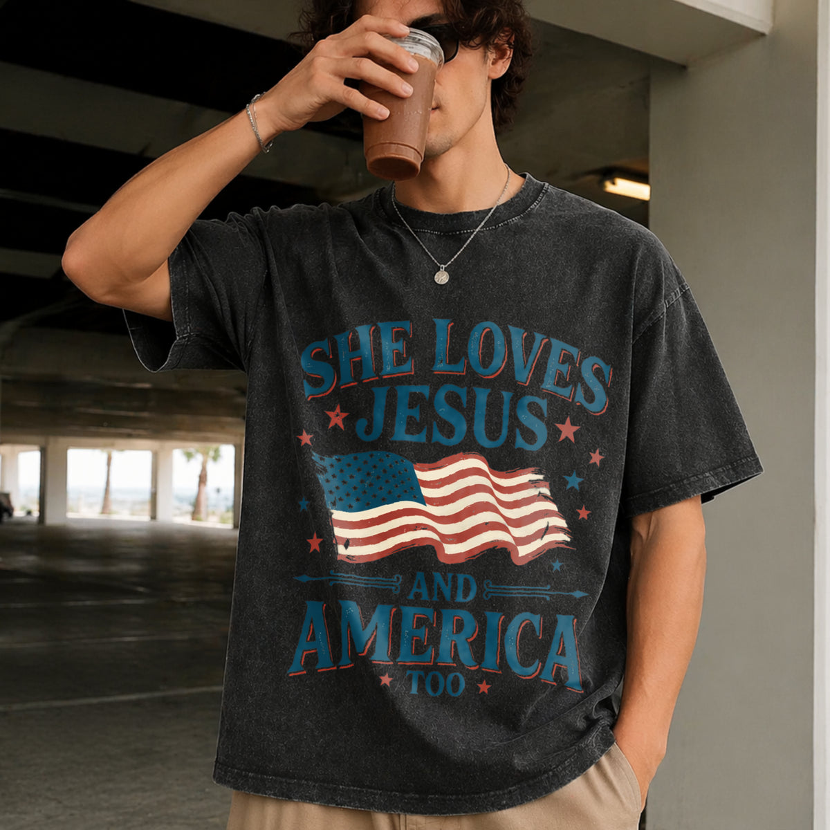 She Loves Jesus and America Too Vintage Washed T-Shirt in Black