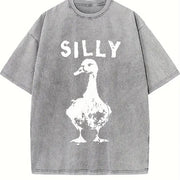 Silly Goose Distressed Boxy Classic Animal Meme Y2K Vintage Washed T-Shirt in Gray