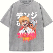 Aki Metal Chainsaw Man Vintage2 O-neck Denji Makima Aki vintage washed oversized T-shirt in Gray