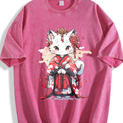 Animal Series Spring/: Cat in a Kimono Vintage Washed T-Shirt in Red