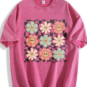 Retro Checkered Flower Vintage Washed T-Shirt in Red