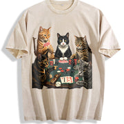 Cats Playing Poker Vintage Washed T-Shirt in Beige