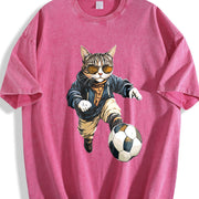 Cat Soccer Player Vintage Washed T-Shirt in Red