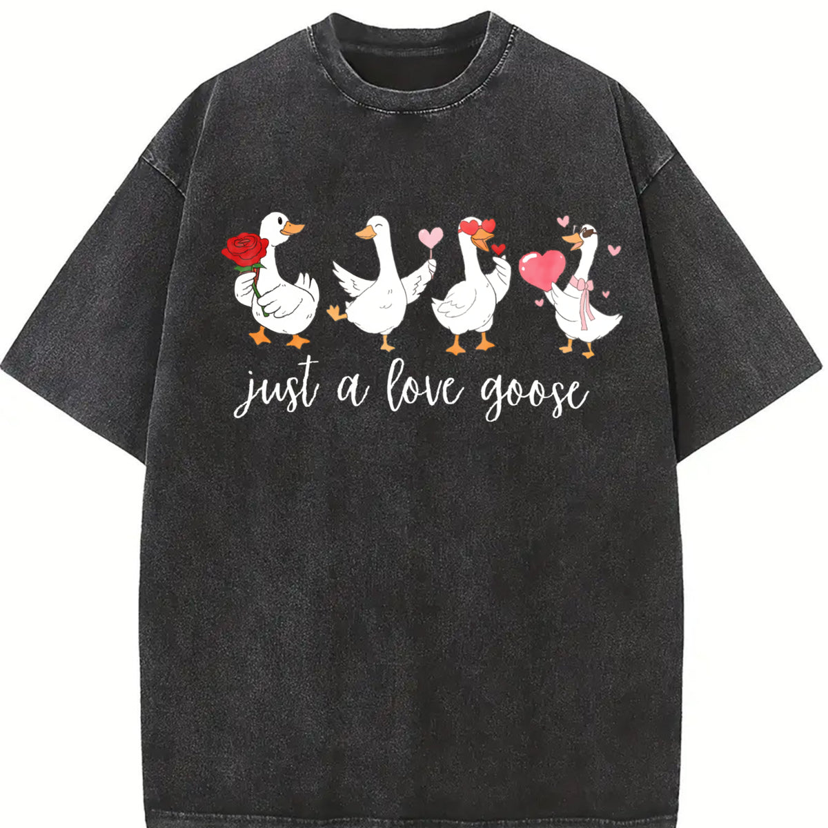 Batik Humor Heart Goose Vintage Washed T-Shirt in Black