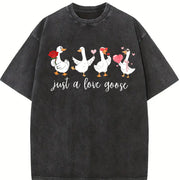 Batik Humor Heart Goose Vintage Washed T-Shirt in Black