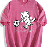 Soccer Cat Vintage Washed T-Shirt in Red