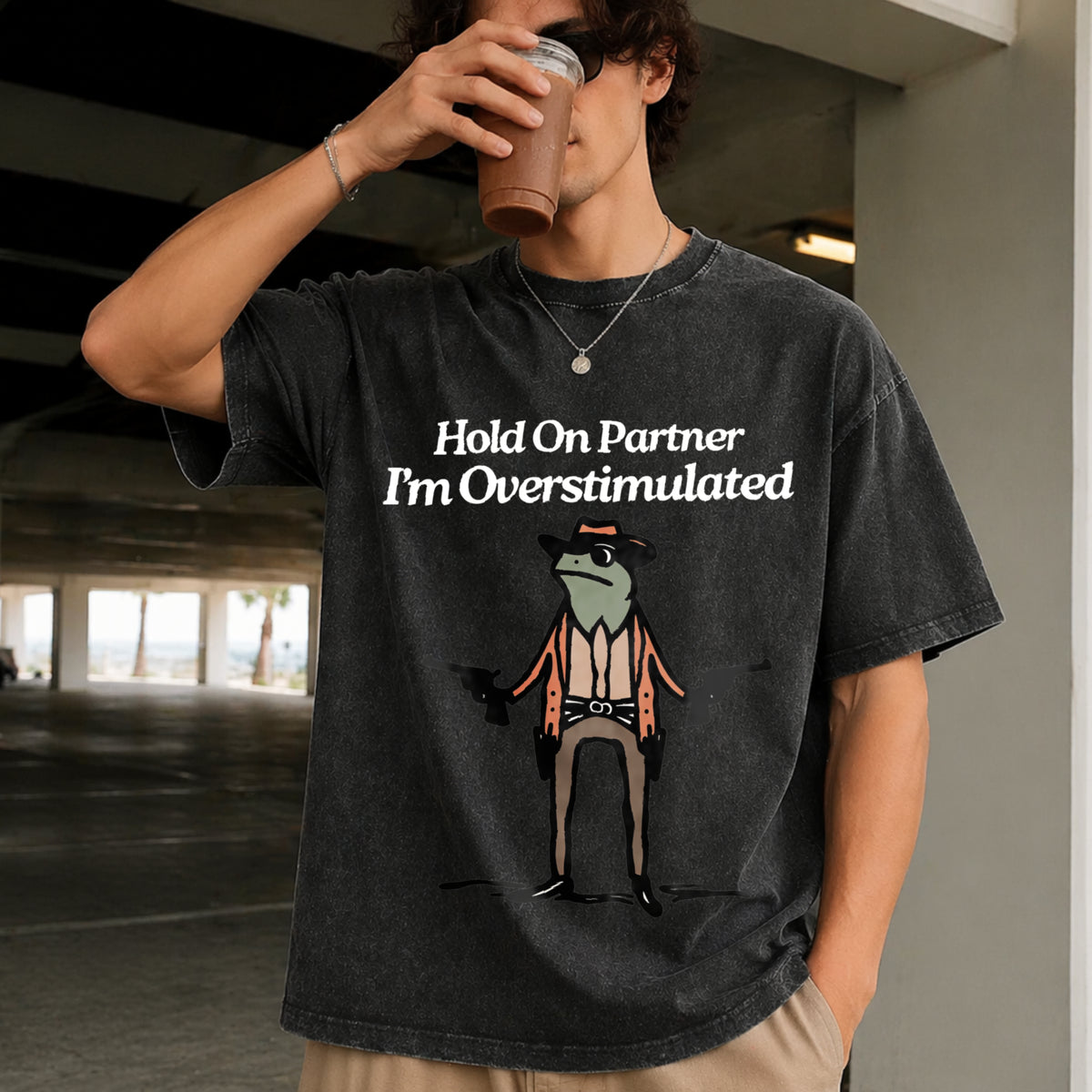 Hold on I'm Overstimulated Vintage Washed T-Shirt in Black