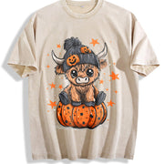 Highland Cow Halloween Vintage Washed T-Shirt in Beige