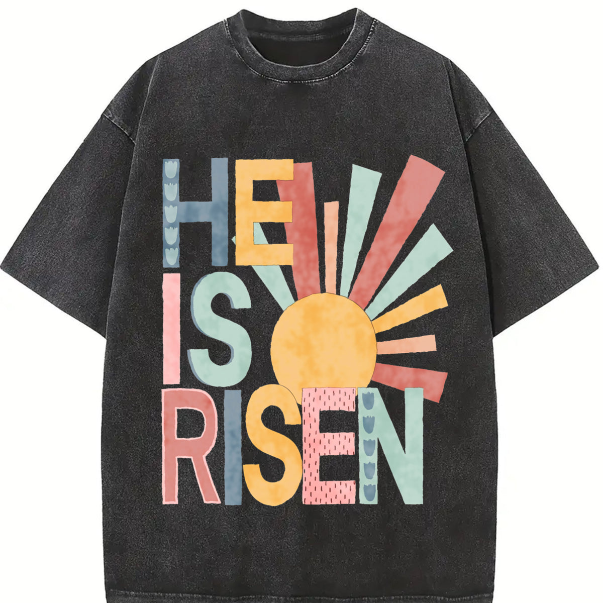 Easter Elegant Sun Element HE IS RISEN Vintage Washed T-Shirt in Black