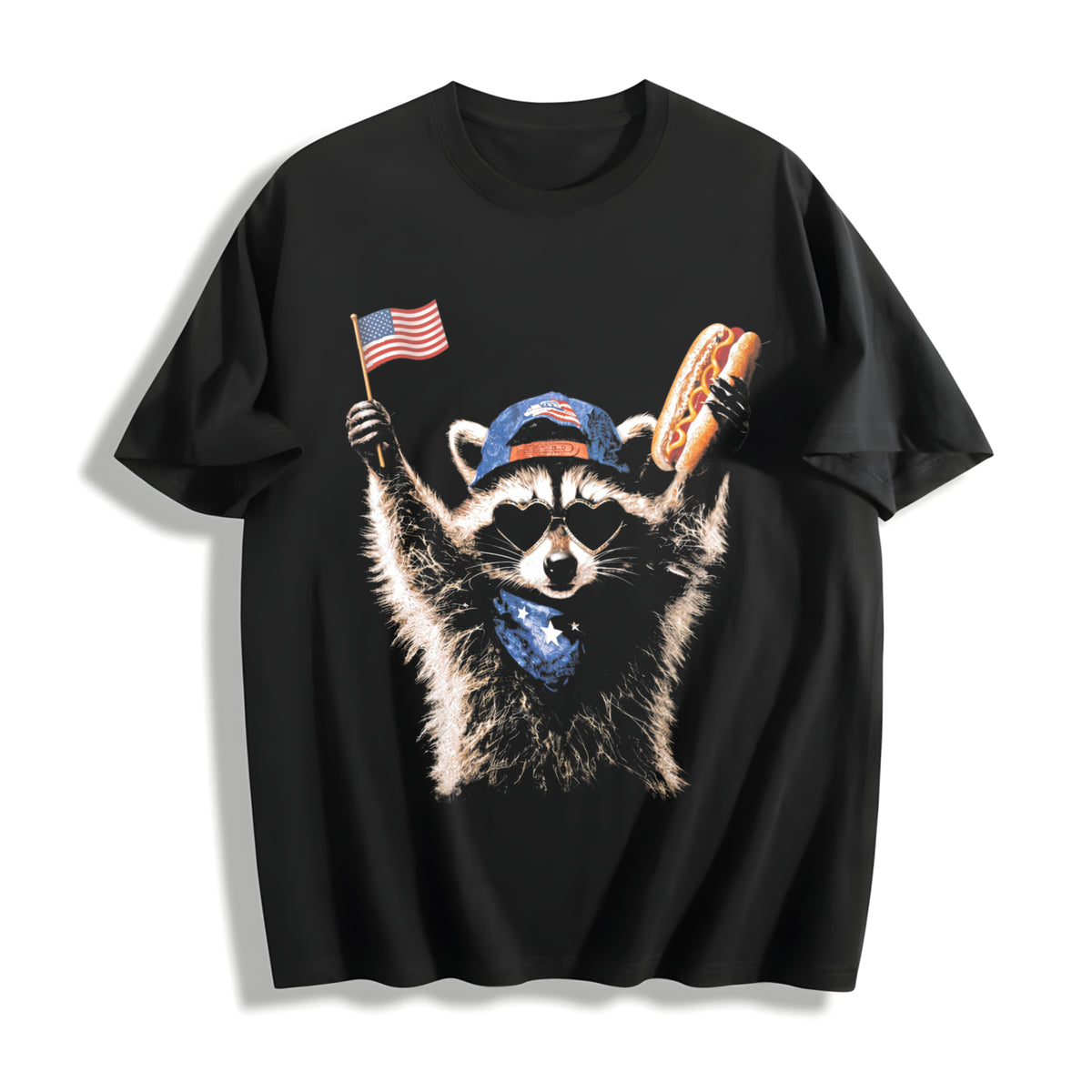 Feral Raccoon Patriotic USA Cotton T-Shirt in Black
