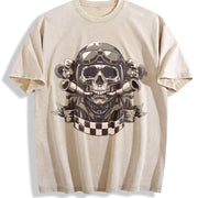 Motorcycle Skull Helmet Sleeveless Tank Vintage Washed T-Shirt in Beige