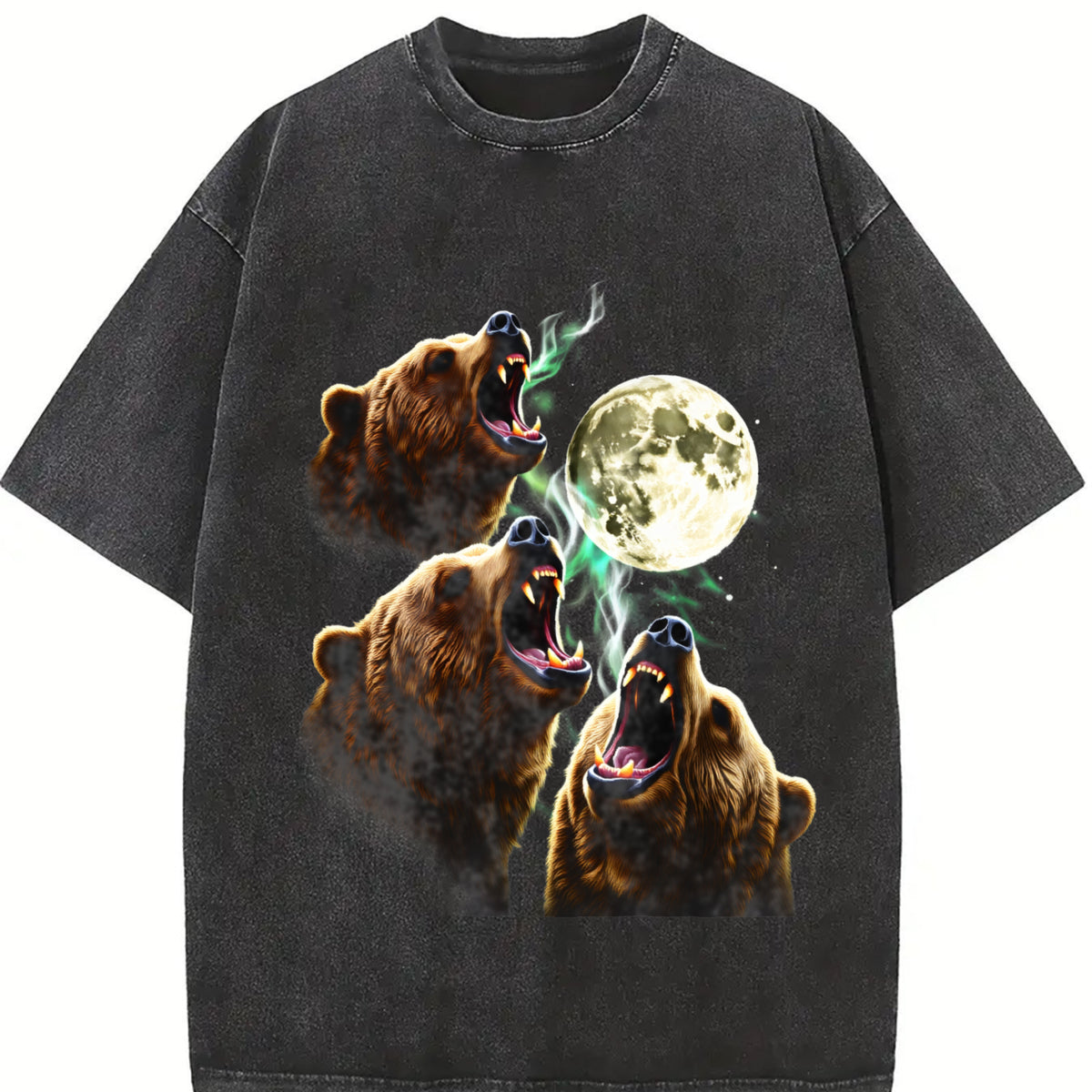 Bear Howling to Moon 90s Vintage Washed T-Shirt in Black